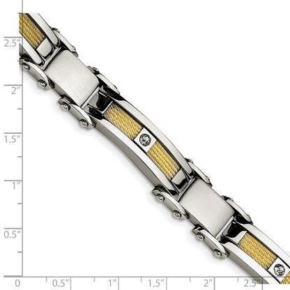 Stainless Steel Chisel Polished Yellow Ip-Plated Cable With Cz 8.5 Inch Link Bracelet