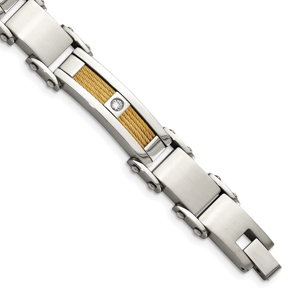 Stainless Steel Chisel Polished Yellow Ip-Plated Cable With Cz 8.5 Inch Link Bracelet