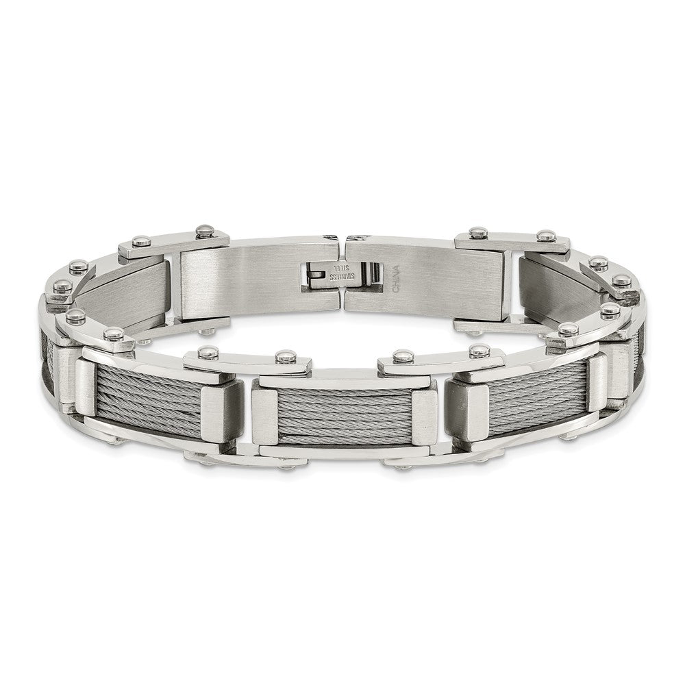 Stainless Steel Chisel Brushed And Polished With Cable Inlay 8.5 Inch Link Bracelet
