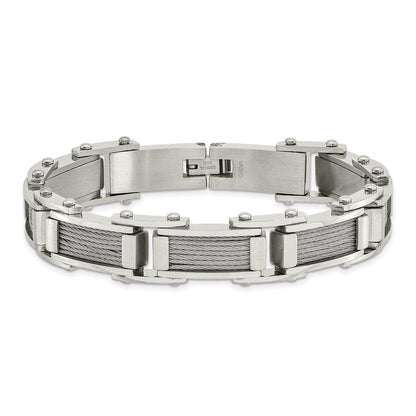 Stainless Steel Chisel Brushed And Polished With Cable Inlay 8.5 Inch Link Bracelet