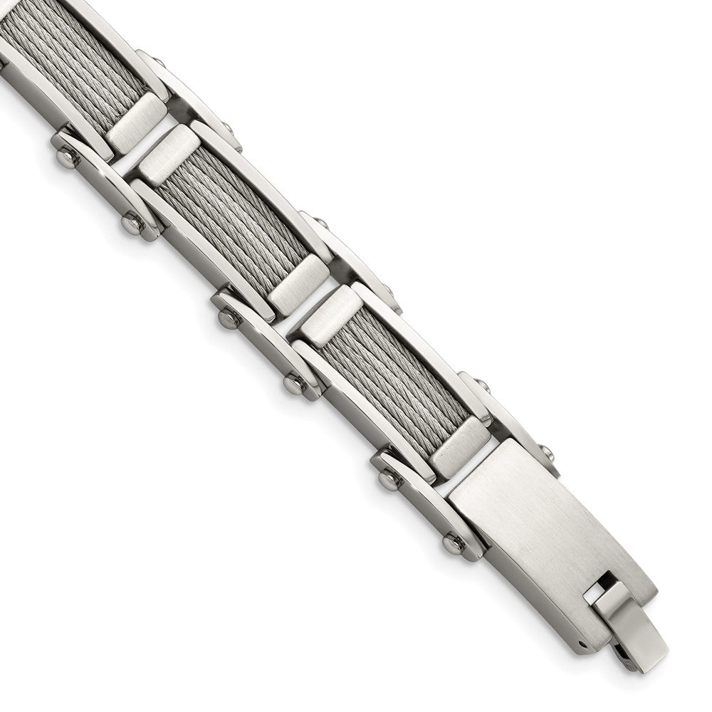 Stainless Steel Chisel Brushed And Polished With Cable Inlay 8.5 Inch Link Bracelet