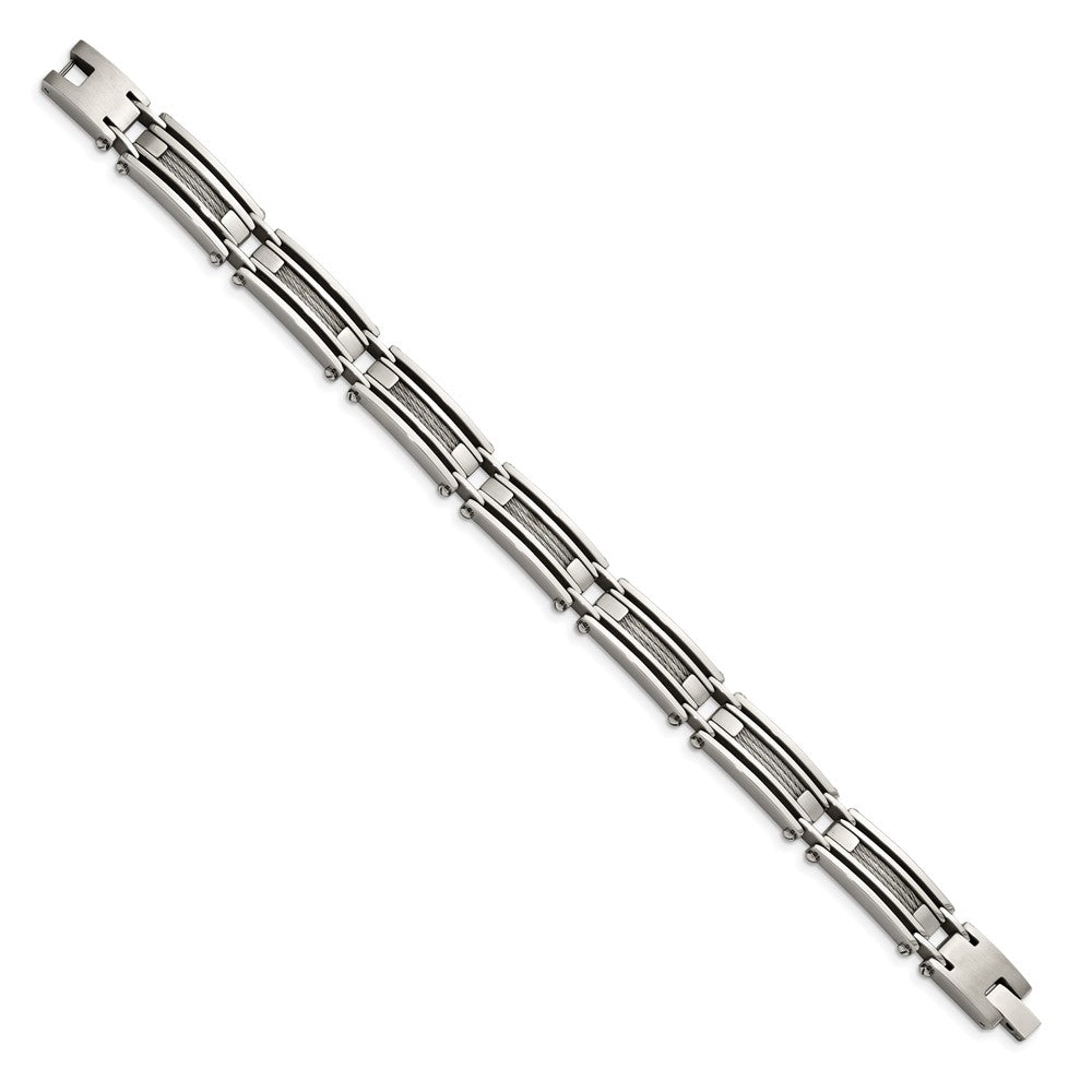 Stainless Steel Chisel Brushed And Polished With Cable Inlay 9 Inch Link Bracelet