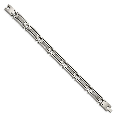 Stainless Steel Chisel Brushed And Polished With Cable Inlay 9 Inch Link Bracelet