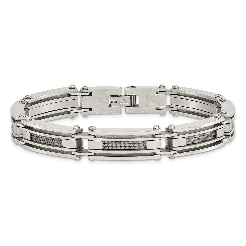 Stainless Steel Chisel Brushed And Polished With Cable Inlay 9 Inch Link Bracelet