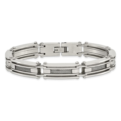Stainless Steel Chisel Brushed And Polished With Cable Inlay 9 Inch Link Bracelet