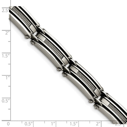 Stainless Steel Chisel Brushed And Polished With Cable Inlay 9 Inch Link Bracelet