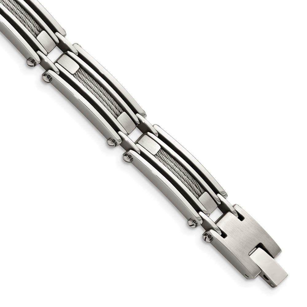 Stainless Steel Chisel Brushed And Polished With Cable Inlay 9 Inch Link Bracelet