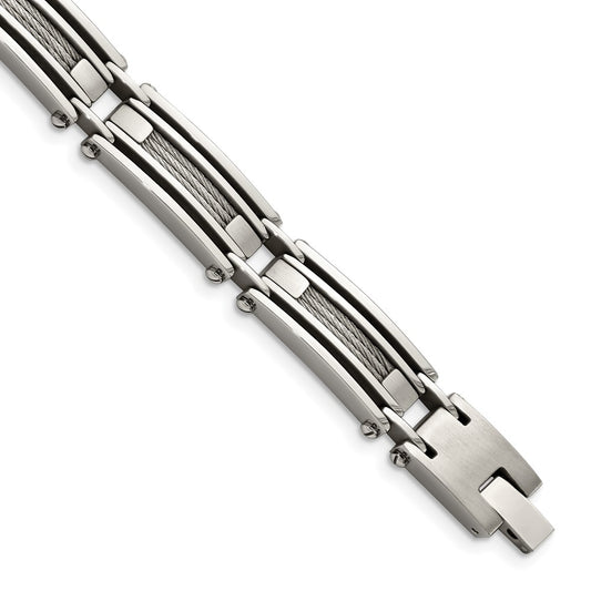 Stainless Steel Chisel Brushed And Polished With Cable Inlay 9 Inch Link Bracelet