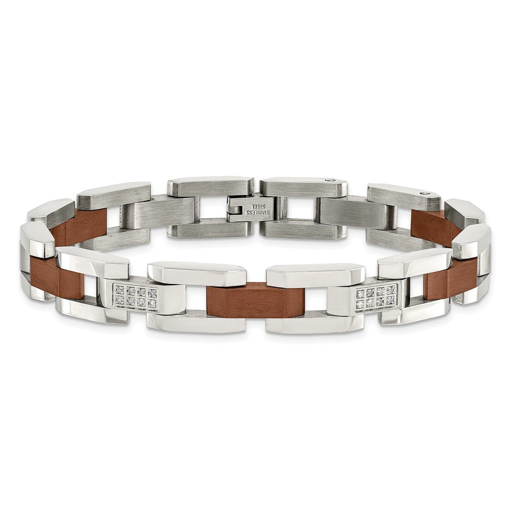 Stainless Steel Chisel Brushed And Polished Brown Ip-Plated With 1/4 Carat Diamond 8.5 Inch Bracelet