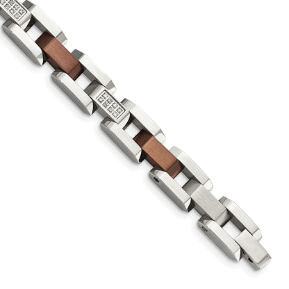 Stainless Steel Chisel Brushed And Polished Brown Ip-Plated With 1/4 Carat Diamond 8.5 Inch Bracelet