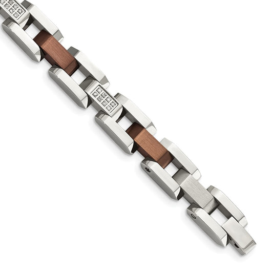 Stainless Steel Chisel Brushed And Polished Brown Ip-Plated With 1/4 Carat Diamond 8.5 Inch Bracelet