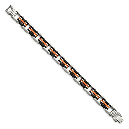 Stainless Steel Chisel Polished With Blakc And Orange Rubber 8.5 Inch Link Bracelet