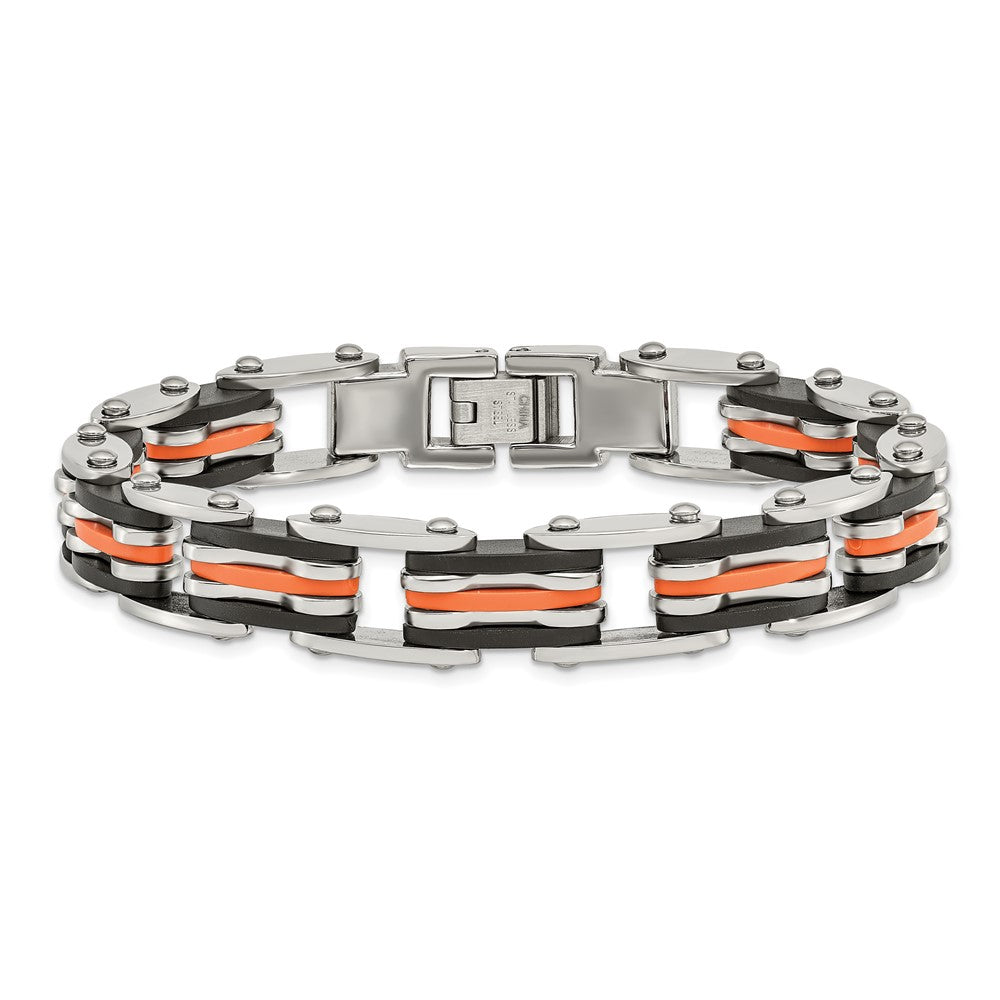 Stainless Steel Chisel Polished With Blakc And Orange Rubber 8.5 Inch Link Bracelet