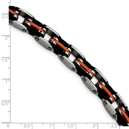 Stainless Steel Chisel Polished With Blakc And Orange Rubber 8.5 Inch Link Bracelet