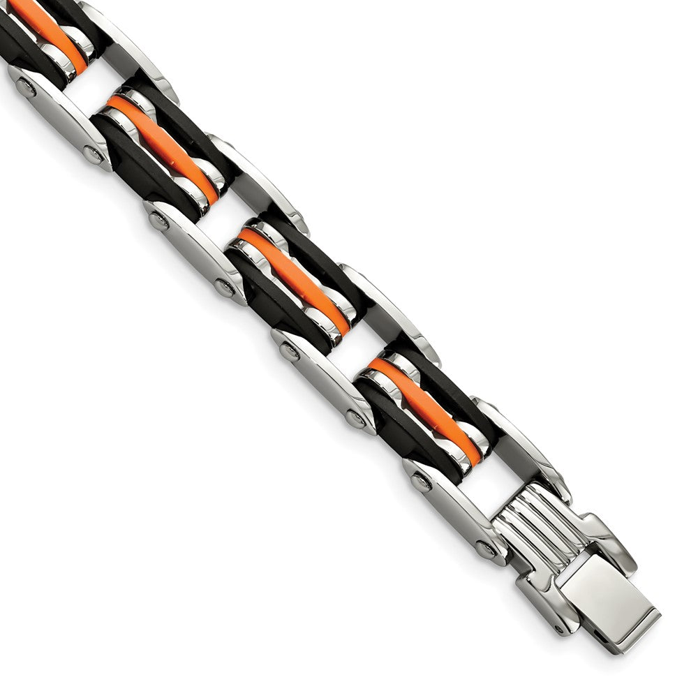 Stainless Steel Chisel Polished With Blakc And Orange Rubber 8.5 Inch Link Bracelet