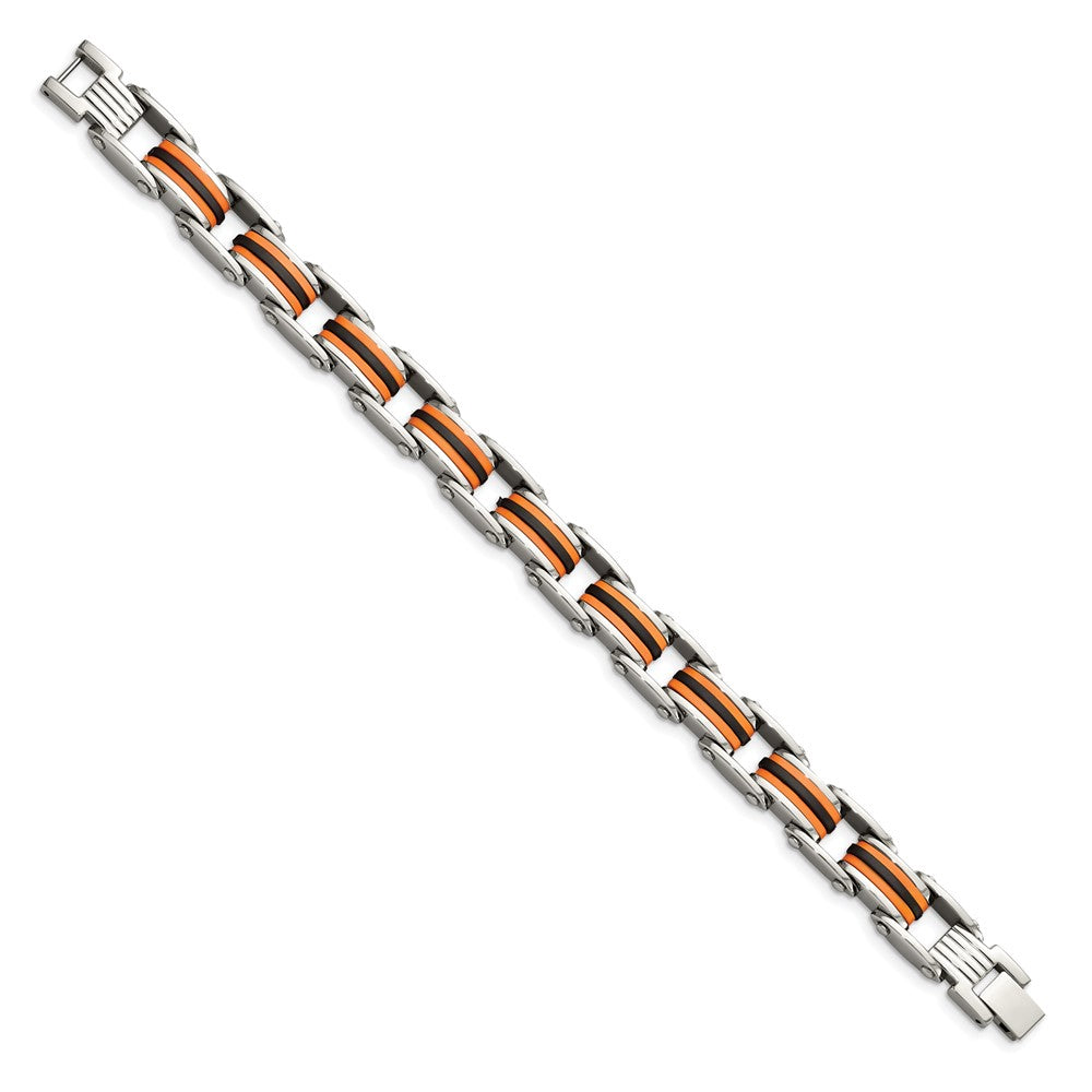 Stainless Steel Chisel Polished With Black And Orange Polyurethane 8.75 Inch Link Bracelet