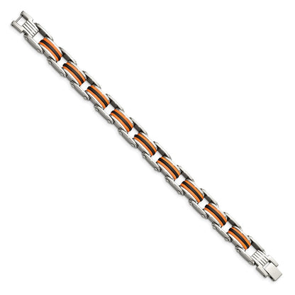 Stainless Steel Chisel Polished With Black And Orange Polyurethane 8.75 Inch Link Bracelet