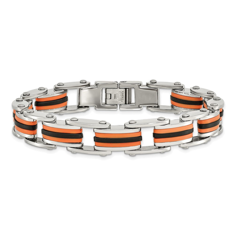 Stainless Steel Chisel Polished With Black And Orange Polyurethane 8.75 Inch Link Bracelet