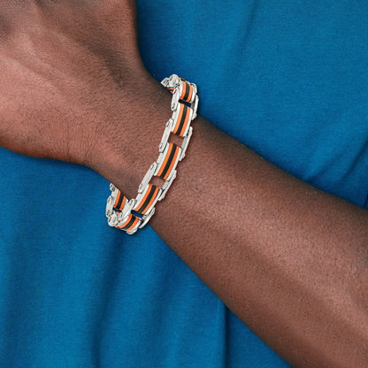 Stainless Steel Chisel Polished With Black And Orange Polyurethane 8.75 Inch Link Bracelet