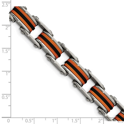 Stainless Steel Chisel Polished With Black And Orange Polyurethane 8.75 Inch Link Bracelet