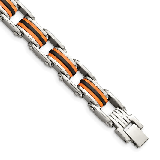 Stainless Steel Chisel Polished With Black And Orange Polyurethane 8.75 Inch Link Bracelet