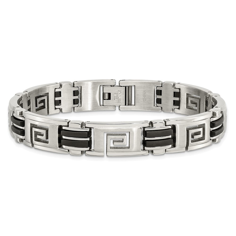 Stainless Steel Chisel Brushed And Polished Black Rubber Inlay Greek Key 8.5 Inch Bracelet