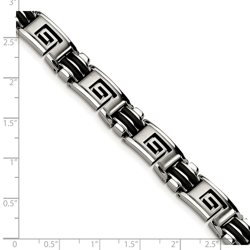 Stainless Steel Chisel Brushed And Polished Black Rubber Inlay Greek Key 8.5 Inch Bracelet