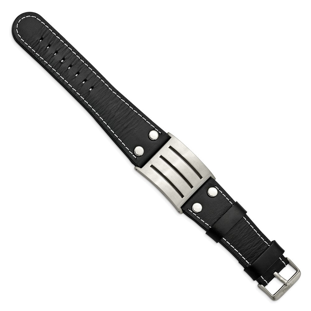 8.75 Inch Stainless Steel Brushed Black Leather Adjustable Buckle 8.75In Bracelet