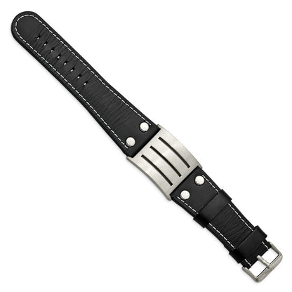 8.75 Inch Stainless Steel Brushed Black Leather Adjustable Buckle 8.75In Bracelet
