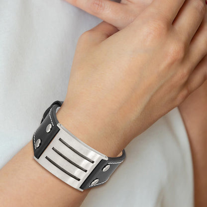 8.75 Inch Stainless Steel Brushed Black Leather Adjustable Buckle 8.75In Bracelet