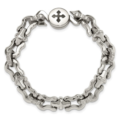 8.5 Inch Stainless Steel Polished With Black Rubber Cross 8.5In Bracelet