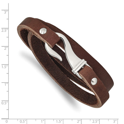 Stainless Steel Chisel Polished Brown Leather 24 Inch Wrap Bracelet