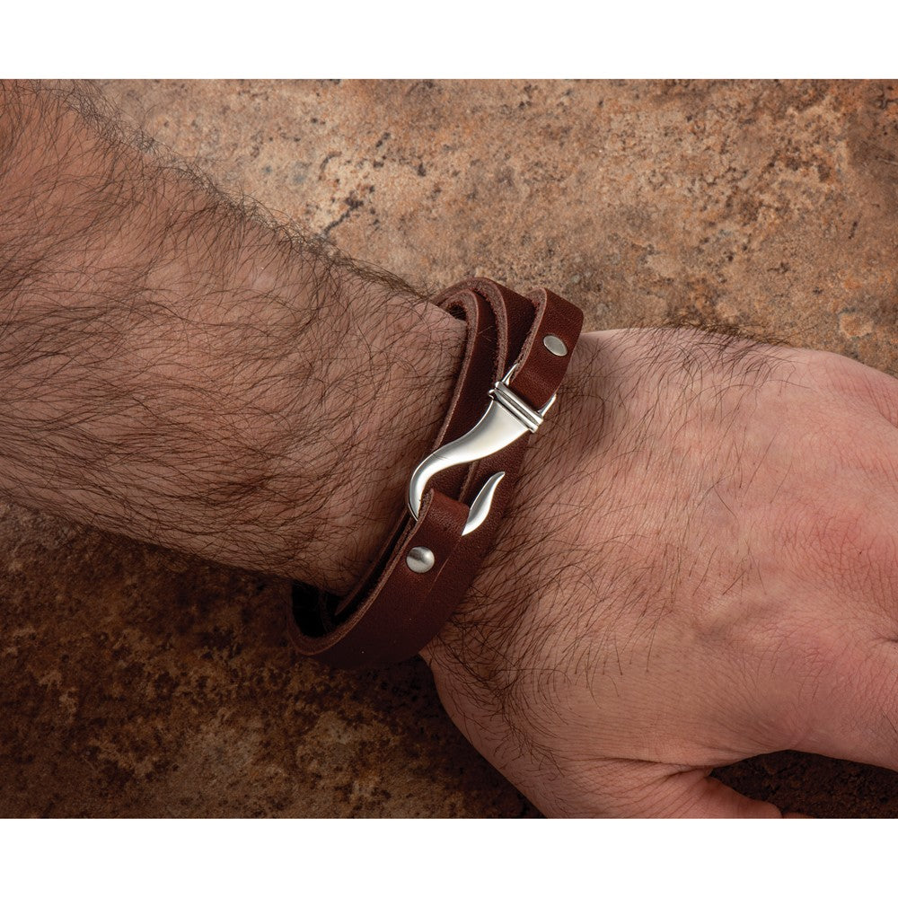 Stainless Steel Chisel Polished Brown Leather 24 Inch Wrap Bracelet