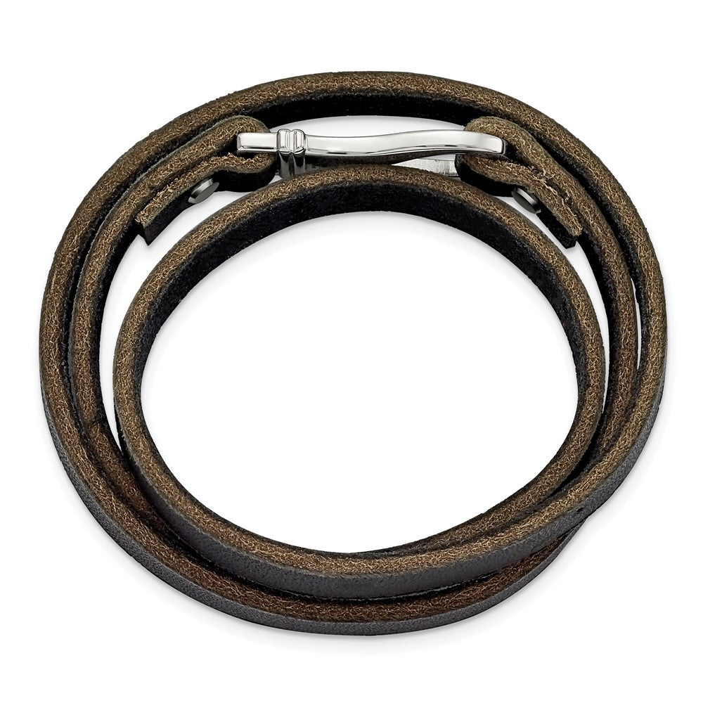 Stainless Steel Chisel Polished Black And Brown Leather 24 Inch Wrap Bracelet