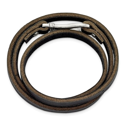 Stainless Steel Chisel Polished Black And Brown Leather 24 Inch Wrap Bracelet