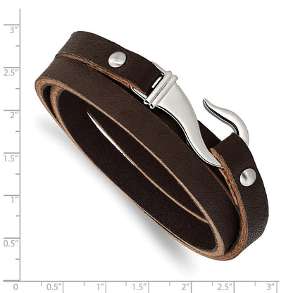 Stainless Steel Chisel Polished Black And Brown Leather 24 Inch Wrap Bracelet