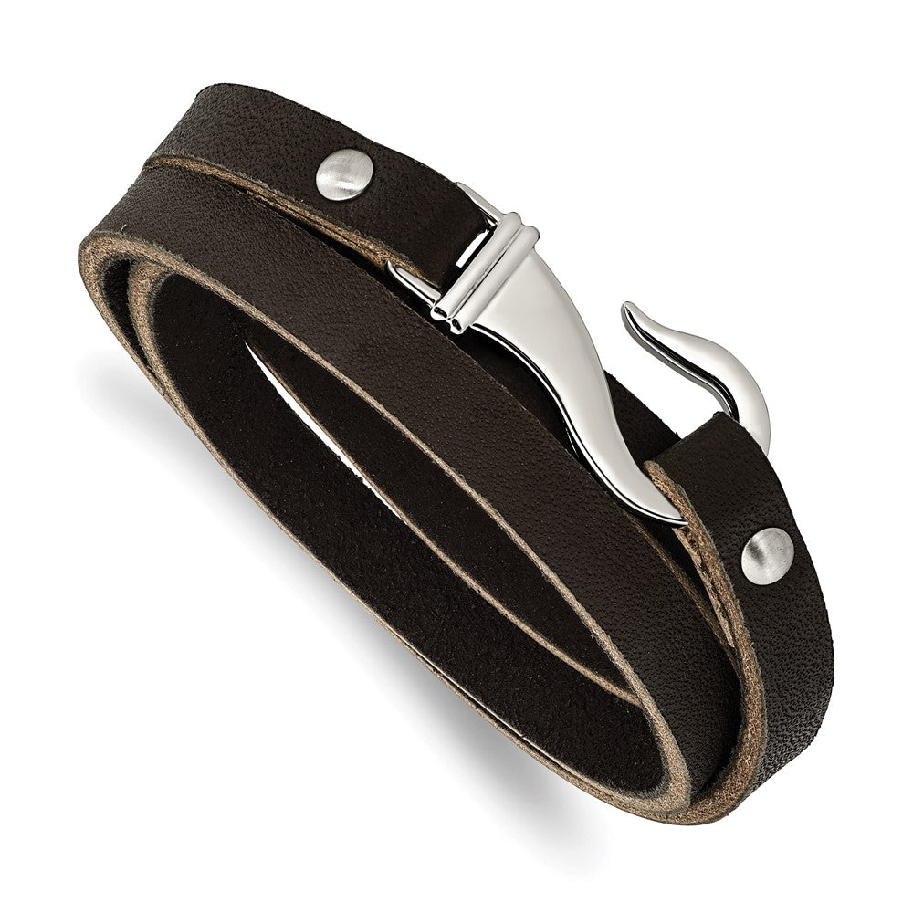 Stainless Steel Chisel Polished Black And Brown Leather 24 Inch Wrap Bracelet