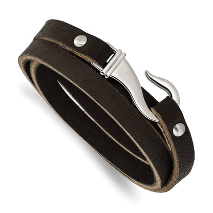 Stainless Steel Chisel Polished Black And Brown Leather 24 Inch Wrap Bracelet