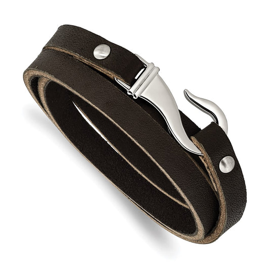 Stainless Steel Chisel Polished Black And Brown Leather 24 Inch Wrap Bracelet
