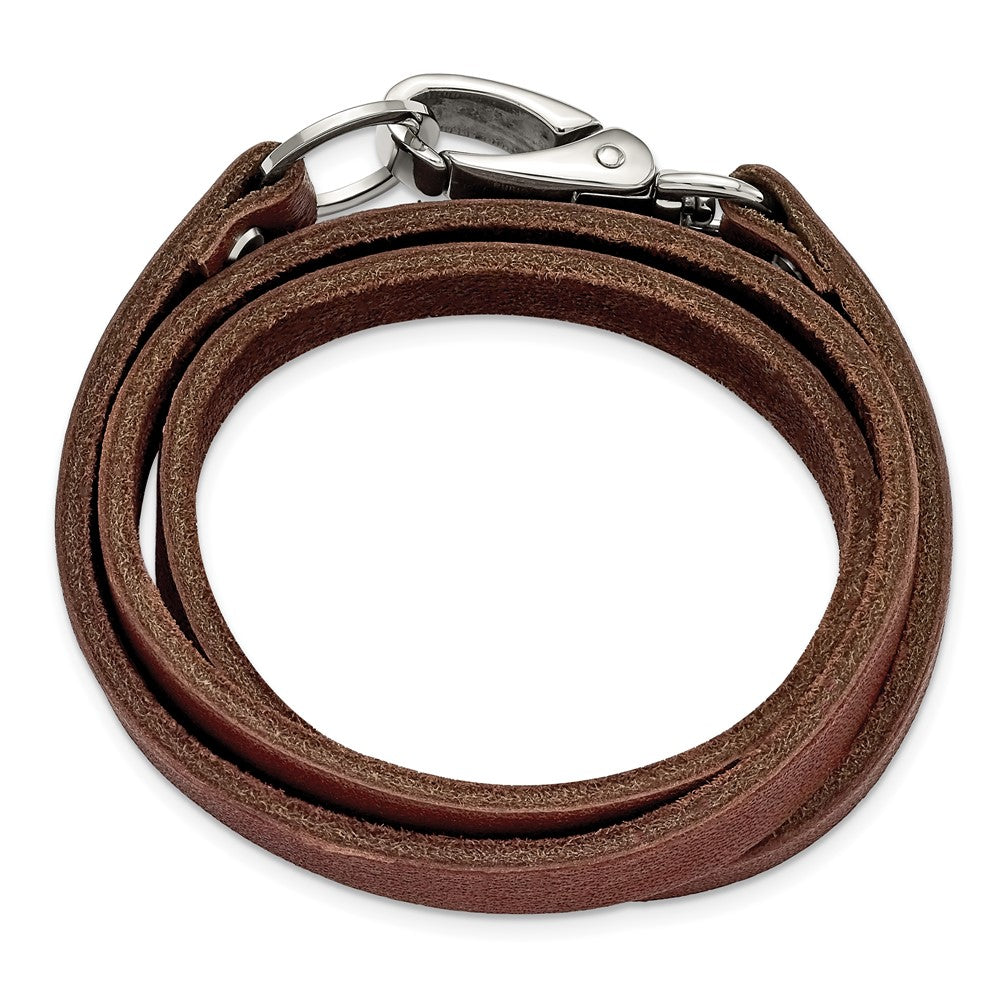 Stainless Steel Chisel Polished Dark Brown Leather 25 Inch Wrap Bracelet