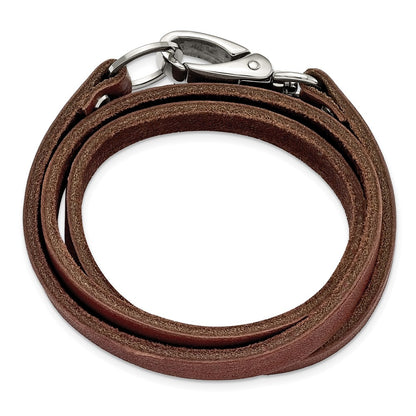 Stainless Steel Chisel Polished Dark Brown Leather 25 Inch Wrap Bracelet