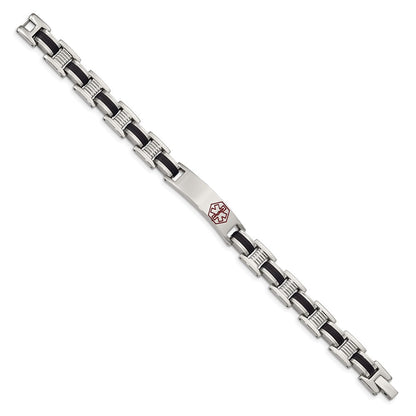 Stainless Steel Chisel Polished With Red Enamel And Black Rubber Medical Id 8 Inch Link Bracelet