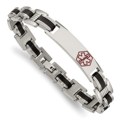 Stainless Steel Chisel Polished With Red Enamel And Black Rubber Medical Id 8 Inch Link Bracelet
