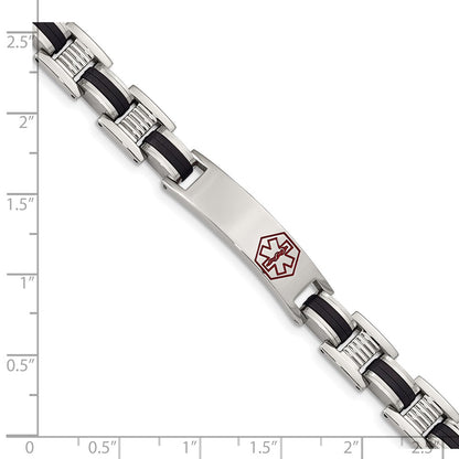 Stainless Steel Chisel Polished With Red Enamel And Black Rubber Medical Id 8 Inch Link Bracelet