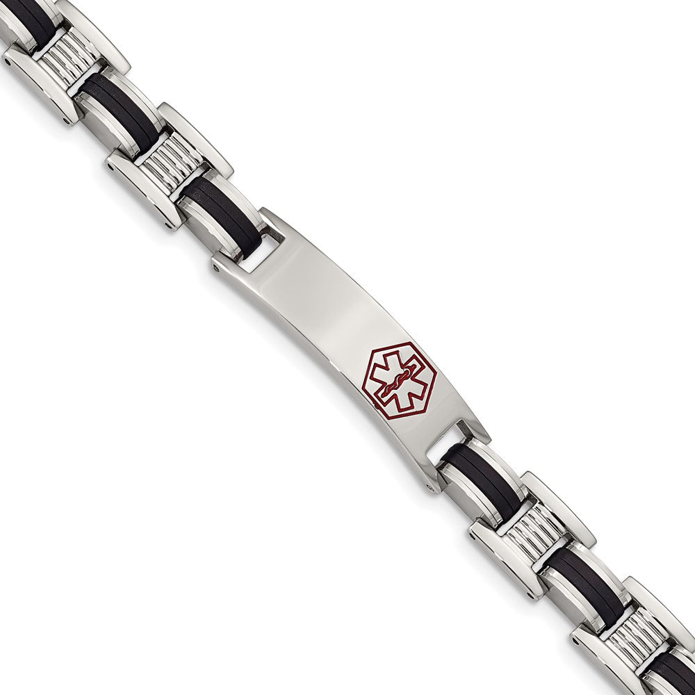 Stainless Steel Chisel Polished With Red Enamel And Black Rubber Medical Id 8 Inch Link Bracelet