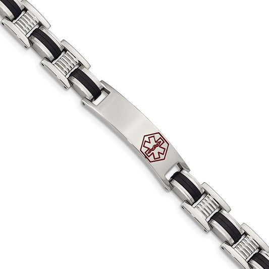 Stainless Steel Chisel Polished With Red Enamel And Black Rubber Medical Id 8 Inch Link Bracelet