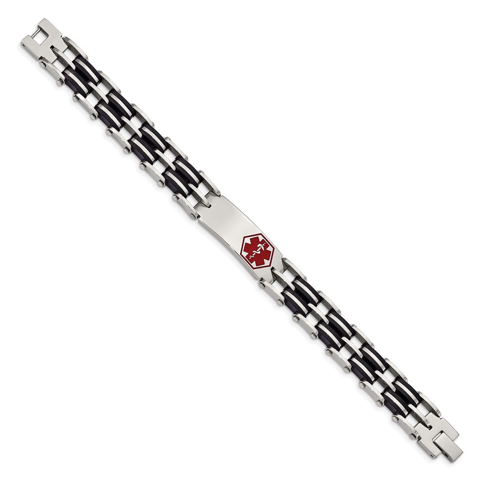 Stainless Steel Chisel Polished With Red Enamel And Black Rubber Medical Id 8.25 Inch Link Bracelet