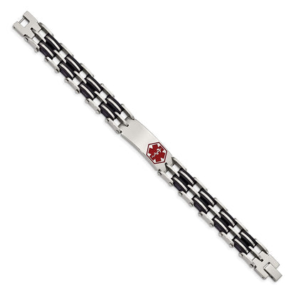 Stainless Steel Chisel Polished With Red Enamel And Black Rubber Medical Id 8.25 Inch Link Bracelet