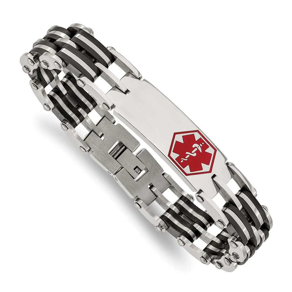 Stainless Steel Chisel Polished With Red Enamel And Black Rubber Medical Id 8.25 Inch Link Bracelet