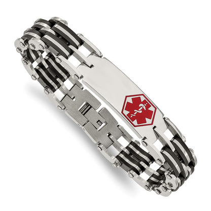 Stainless Steel Chisel Polished With Red Enamel And Black Rubber Medical Id 8.25 Inch Link Bracelet